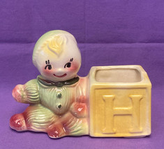 Vintage American Bisque baby rag doll with toy block ceramic planter green pink - £9.42 GBP