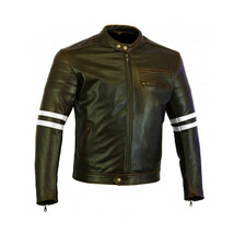 Men Black Motor Biker White Stripes Genuine Cowhide Leather Safety Pads Jacket - £125.33 GBP