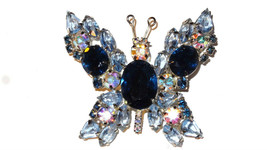Vintage Prong Set Open Back Blue Rhinestones Butterfly Brooch Pin - $99.00