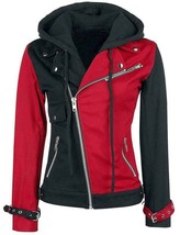 Women&#39;s Black and Red Harley Quinn Biker Hooded Jacket - £98.53 GBP