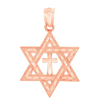 Solid 10k Rose Gold Jewish Star of David and Cross Pendant Charm Necklace - £110.01 GBP+