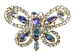 Vintage Butterfly Rhinestone Brooch Pin Clear &amp; AB Crystal Glass 2-3/4&quot; ... - £9.90 GBP