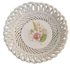 Vtg Limoges Woven White Ceramic Basket Tray Porcelain Hand Painted Floral Base - £23.84 GBP
