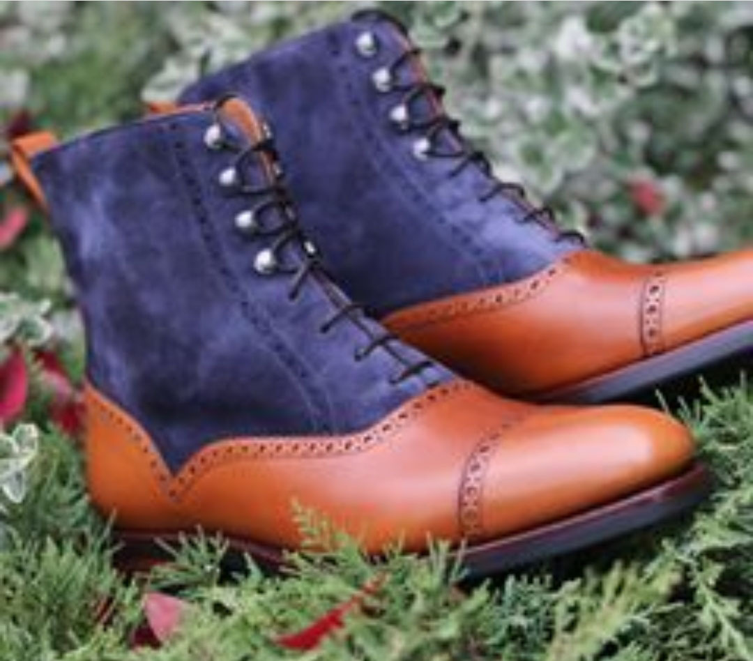 NEW Handmade Men's Tan Blue Lace Up boot, Men's Cap Toe Leather Suede Boot