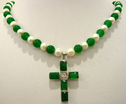 Stunning 7-8mm white pearl & green jade necklace 17"+corss jade pendant - £12.64 GBP