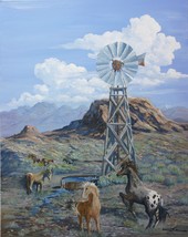 Wild Horses Desert Windmill Realistic Original Oil Painting By Irene Liv... - £509.65 GBP