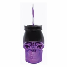 Skull Shaped Sipper Tumbler Drink Cup Purple Halloween 16 oz - £15.86 GBP