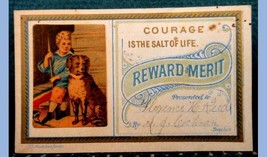 1800s Antique Victorian Courage~Reward Of Merit Card ~Paste Down PRINT~BOY/DOG - £33.63 GBP