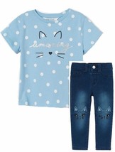 NWT Toddler Girls Embroidered Cat Jeans Blue Dot Tee  4T NEW - £15.97 GBP