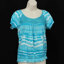Jones New York Womens Batik Lace Shirt S Small Smocked Blue White Scoop ... - £17.06 GBP