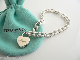 Tiffany &amp; Co Silver MOM Heart Padlock Charm Bracelet Gift Love Textured ... - £388.96 GBP