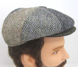Harris Tweed Flat Newsboy Cap  Gray Flat Snap Herringbone Hat M 100% Wool Medium - £15.53 GBP