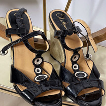Cole Haan Black Patent Leather Espadrille Sandals Wedge Heels Black White - €174,21 EUR