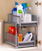 2-Tier Sliding Cabinet Storage Organizer Baskets Shelf Bins Space-Saving Gray - £23.58 GBP