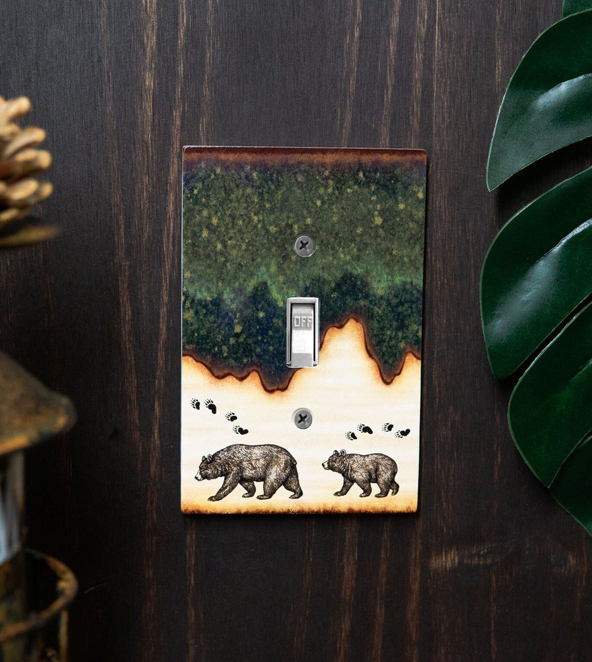 Pack of 2 Rustic Forest Mama Bear And Cub Single Toggle Switch Wall Outl... - $24.99