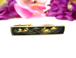 Vintage Damascene TIE CLASP Pagoda Mountains Trees Boats Black Silver&amp; G... - £13.19 GBP