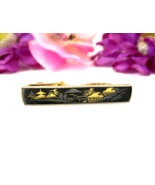 Vintage Damascene TIE CLASP Pagoda Mountains Trees Boats Black Silver&amp; G... - $22.90 CAD