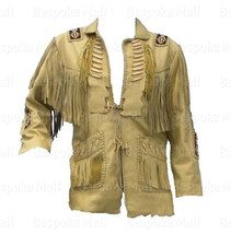 New Men&#39;s Western American Beige Cowboy Leather Jacket Fringes Bone Beads-909 - £227.51 GBP