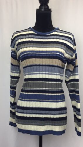 New York Collection  Sweater Blue Gray White Stripe Size M - $10.75