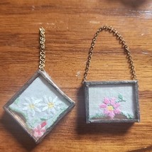 2 Vintage Hankies in Mini Frames Pink and White Daisies Delicate On Chains - $28.04