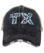 Blue Pink Leopard TX Texas State Embroidered Black Distressed Trucker Hat - $24.75