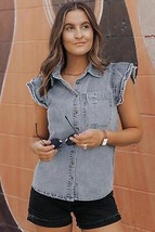 Beau Blue Frayed Ruffle Sleeve Denim Shirt - £33.72 GBP