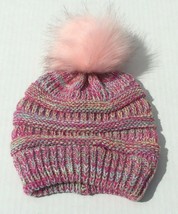 Quad Color Warm Chunky Thick Stretchy Knit Beanie Hat with Pink faux fur... - $7.69