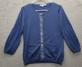 Boden Cardigan Sweater Women&#39;s Size 6 Blue Sequin Ribbed Hem &amp; Cuff Butt... - £14.50 GBP