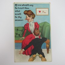 Postcard Valentine Victorian Man Woman Red Dress Green Couch Cupid Antique 1911 - £8.05 GBP