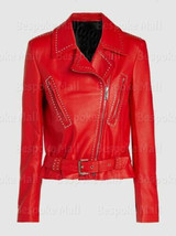 New Women&#39;s Red Genuine Cowhide Silver Studded Waist Belt Leather Jacket... - $189.99