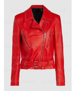 New Women&#39;s Red Genuine Cowhide Silver Studded Waist Belt Leather Jacket... - $189.99