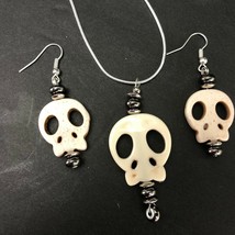 Sugar Skull Necklace Earring Set Silver Handmade Chain  - £23.88 GBP