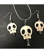 Sugar Skull Necklace Earring Set Silver Handmade Chain  - £23.69 GBP