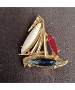 Vintage Sailboat Brooch Gold tone Red, White and Blue Rhinestone 1.50&quot; - $4.46