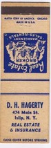 Matchbook Cover DH Hagerty Insurance Real Estate Islip New York - £1.54 GBP