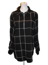 Ophelia Roe Long  Roll Sleeve Button Up Blouse Size XL 1/4 Zip Black White - $18.00
