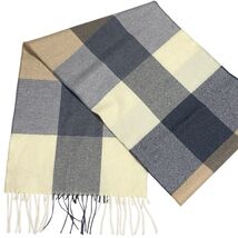 NWT John Hanly 100% Merino Wool Scarf GRAY Cream Camel PLAID 71x12 NEW - $23.75