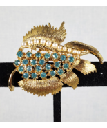 Vintage Signed Gerry&#39;s Gold Tone Pearl Aqua Blue Crystal Rhinetsone Leaf... - €15,46 EUR