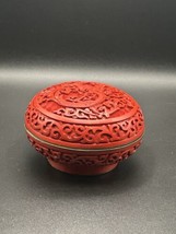 Chinese Lacqured Red Cinnabar Trinket Box  Lid Round 4&quot; Red - $74.24