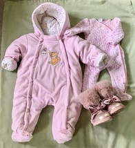 3 PC Infant One Peice Pink Zip Up Warm Coat DISNEY, Furry Boots, Outfit 3-6 Mo.  - £29.84 GBP