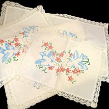 Unstitched Vintage Stamped Embroidery Linens, Bluebirds, Lace Trim, Set ... - $29.70