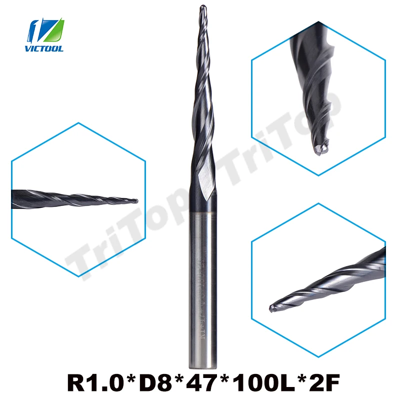 1pc R1.0*D8*47*100L*2F 8mm Tungsten Carbide Ball Nose Cone Type Tapered End Mill - £223.80 GBP