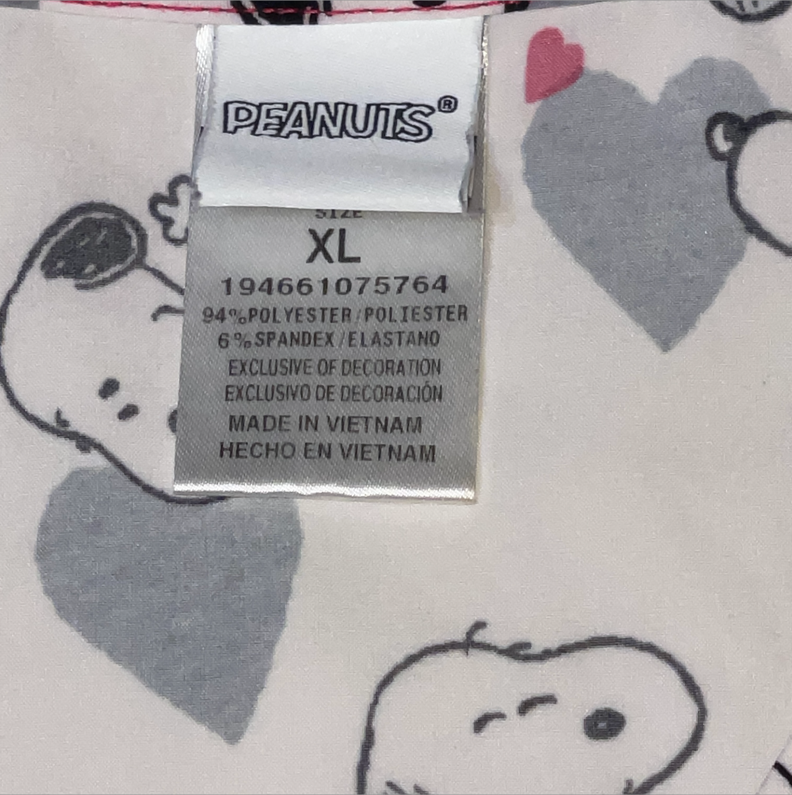 Peanuts Scrub Top Size XL Stretch Snoopy Woodstock Free Hugs Hearts White Love Item image 8