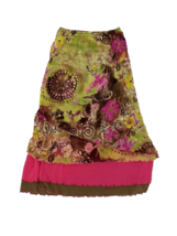 Vintage Y2K 90s Green Pink Skirt Floral Oriental Print Boho Gypsy Fairy Cottage - $24.37