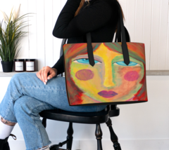 Colorful Abstract Painting of a Woman Printed on Vegan Leather Tote Bag Handbag - £78.81 GBP