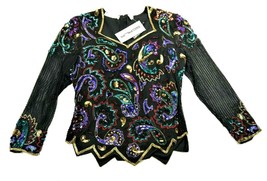 Scala Vintage Long Sleeve Silk Sequined Beaded Multi Colored Evening Top XL New - £46.79 GBP