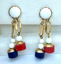 Vintage screw-clip dangle earrings red white blue beads gold tone patrio... - $239.57 MXN