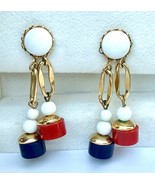 Vintage screw-clip dangle earrings red white blue beads gold tone patrio... - $13.00
