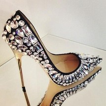  Black White Crystal Embellished Pumps Gold Stiletto Heels Jeweled Pumps Women P - £129.89 GBP