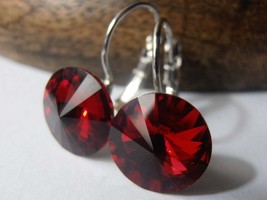 Siam Swarovski Drop Earrings / Red Rivoli Crystal Earrings / 12mm Dangle Leverba - £20.83 GBP